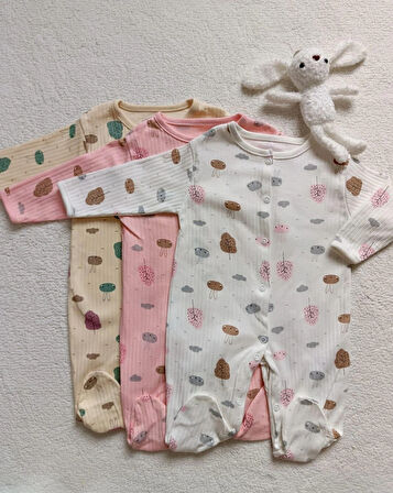 KIZ BEBEK TAVŞANLI % 100 PAMUK 3 ADET PENYE BOYDAN ÇITÇITLI TULUM SETİ , DOĞUM HEDİYELİK