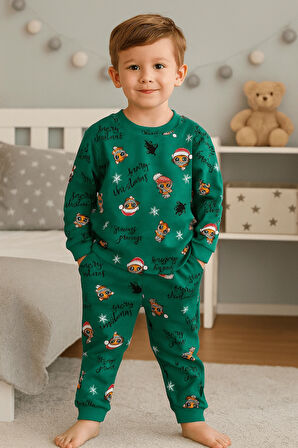 Yeşil Kedili %100 Pamuklu Penye Çocuk Pijama Takımı
