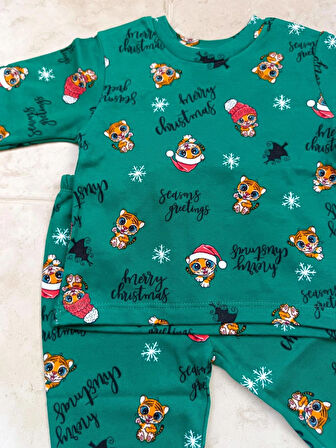 Yeşil Kedili %100 Pamuklu Penye Çocuk Pijama Takımı