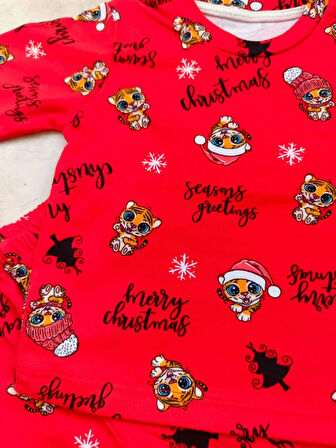 KIRMIZI KEDİLİ %100 PAMUKLU PENYE ÇOCUK PİJAMA TAKIMI