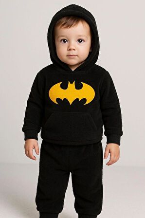 ERKEK ÇOCUK KAPÜŞONLU WELSOFT PELUŞ SİYAH PİJAMA TAKIMI