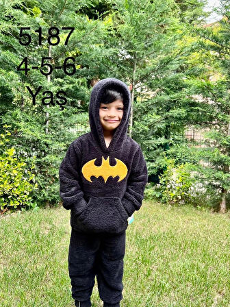 ERKEK ÇOCUK KAPÜŞONLU WELSOFT PELUŞ SİYAH PİJAMA TAKIMI