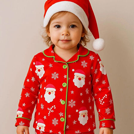 NOEL BABA KAR TANESİ DESENLİ YILBAŞI TEMALI 3 PARÇA PENYE ÇOCUK PİJAMA TAKIMI