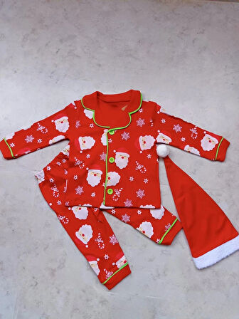 NOEL BABA KAR TANESİ DESENLİ YILBAŞI TEMALI 3 PARÇA PENYE ÇOCUK PİJAMA TAKIMI