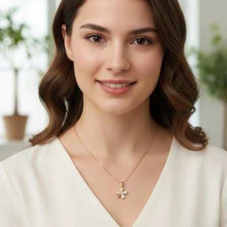 Zirkon Taşlı Yonca Beyaz Taşlı Kolye