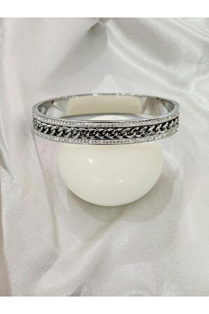Gümüş Rengi Çelik Kelepçe Zincir ve Taş Detaylı Bileklik
