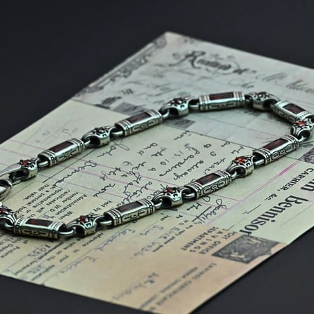 Charmora 925 Ayar Gümüş Kırmızı Taşlı Erkek Bileklik Gotik Tasarım Kalın Zincir Karizmatik Stil