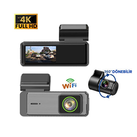 4K Wi-Fi Araç Kamerası – G-Sensörlü, Gece Görüşlü, Döngü Kayıt Özellikli, 360° Dönebilir Lensli Dash Cam