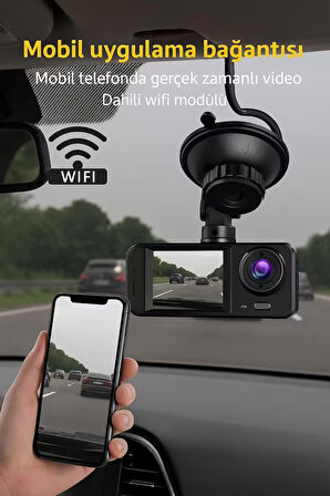WiFi Destekli 3 Lensli Araç Kamerası - 1080P HD Gece Görüşü, 360° Koruma, G-Sensör, 3 Kamera, Mobil Uygulama Bağlantısı