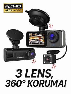 WiFi Destekli 3 Lensli Araç Kamerası - 1080P HD Gece Görüşü, 360° Koruma, G-Sensör, 3 Kamera, Mobil Uygulama Bağlantısı