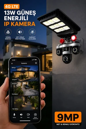 Sim Kartlı Güneş Enerjili Kamera ve LED Projektör 13W 3 Lens Dış Mekan Güvenlik Kamerası BLM102