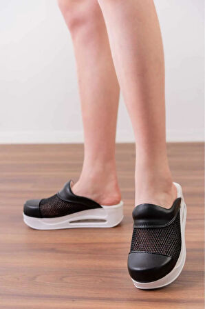 Tasarım Siyah File Air Max Taban Kadın Tam Ortopedik Blum Sabo Terlik 