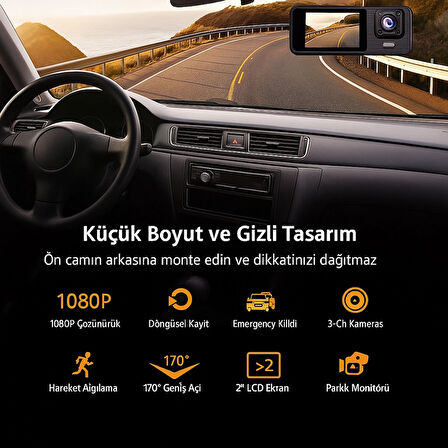 3 Kanallı 1080P Full HD WiFi Destekli Araç Kamerası - Gece Görüşlü, Park Monitörlü, Geniş Açı Lens