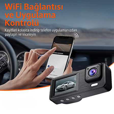 3 Kanallı 1080P Full HD WiFi Destekli Araç Kamerası - Gece Görüşlü, Park Monitörlü, Geniş Açı Lens