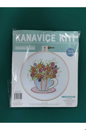 Kanaviçe Kit Fincanda Çiçekler 19 Cm Pembe Kasnak