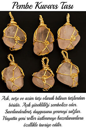 Sertifikalı Tel Sargılı Pembe Kuvars Taşı Kolye - Altın Kaplama
