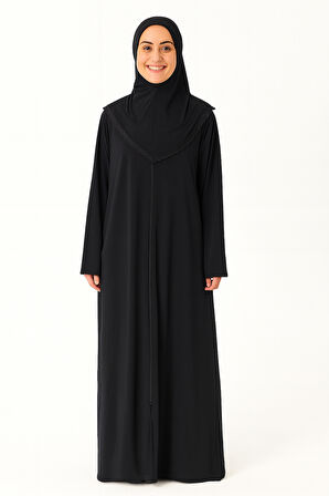 Kendinden Örtülü Fermuarlı Namaz Elbisesi – Siyah