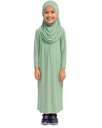 Penye Kendinden Başörtülü Çocuk Namaz Elbisesi Açık Yeşil/ 6-7-8 yaş