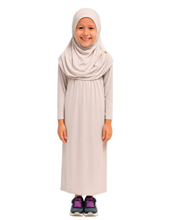 Penye Kendinden Başörtülü Çocuk Namaz Elbisesi Krem/ 6-7-8 yaş