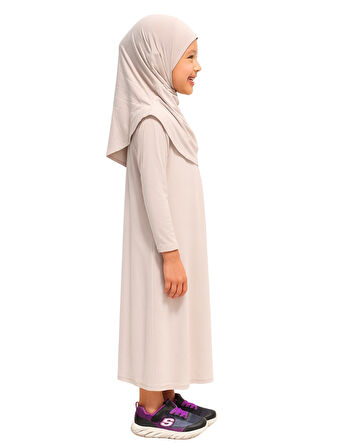 Penye Kendinden Başörtülü Çocuk Namaz Elbisesi Krem/ 6-7-8 yaş