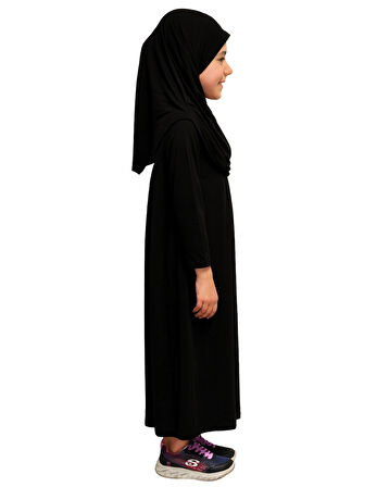 Penye Kendinden Başörtülü Çocuk Namaz Elbisesi Siyah/ 6-7-8 yaş