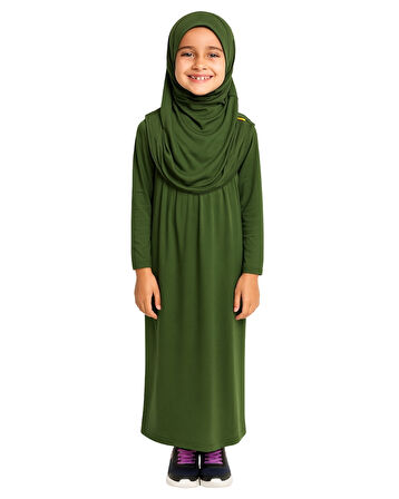 Penye Kendinden Başörtülü Çocuk Namaz Elbisesi Yeşil/ 6-7-8 yaş