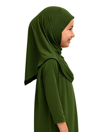 Penye Kendinden Başörtülü Çocuk Namaz Elbisesi Yeşil/ 6-7-8 yaş