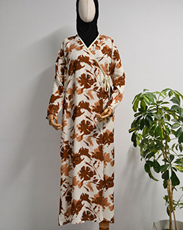 Yaprak Desenli Kruvaze Namaz Elbisesi – %100 Viskon, Yandan Bağlamalı 36-46 Beden