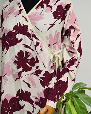 Yaprak Desenli Kruvaze Namaz Elbisesi – %100 Viskon, Yandan Bağlamalı 36-46 Beden