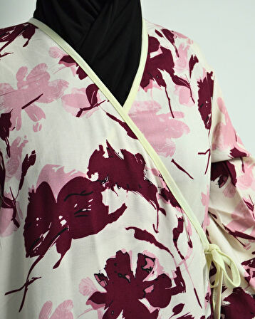 Yaprak Desenli Kruvaze Namaz Elbisesi – %100 Viskon, Yandan Bağlamalı 36-46 Beden