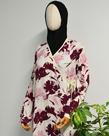 Yaprak Desenli Kruvaze Namaz Elbisesi – %100 Viskon, Yandan Bağlamalı 36-46 Beden