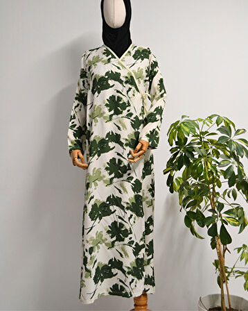 Yaprak Desenli Kruvaze Namaz Elbisesi – %100 Viskon, Yandan Bağlamalı 36-46 Beden