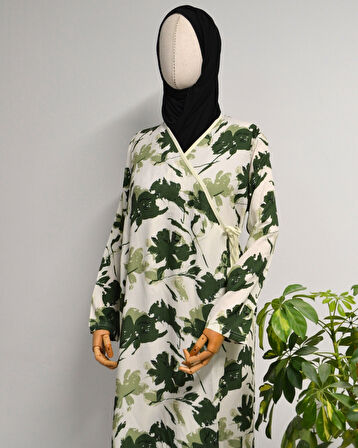 Yaprak Desenli Kruvaze Namaz Elbisesi – %100 Viskon, Yandan Bağlamalı 36-46 Beden