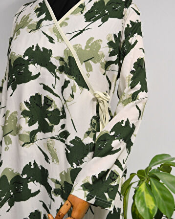 Yaprak Desenli Kruvaze Namaz Elbisesi – %100 Viskon, Yandan Bağlamalı 36-46 Beden