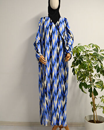 Zigzag Desenli Kruvaze Namaz Elbisesi – %100 Viskon, Yandan Bağlamalı 36-46 Beden