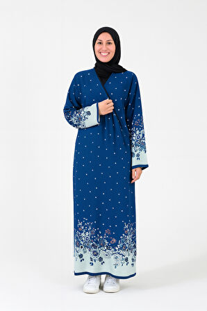 Noktalı Çiçek Desen Kruvaze Namaz Elbisesi – %100 Viskon, Yandan Bağlamalı, Rahat Kalıp 36-46 Beden