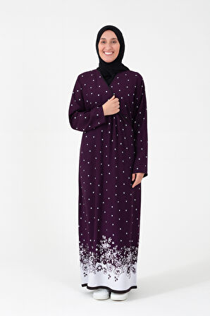 Noktalı Çiçek Desen Kruvaze Namaz Elbisesi – %100 Viskon, Yandan Bağlamalı, Rahat Kalıp 36-46 Beden
