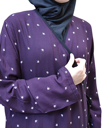 Noktalı Çiçek Desen Kruvaze Namaz Elbisesi – %100 Viskon, Yandan Bağlamalı, Rahat Kalıp 36-46 Beden