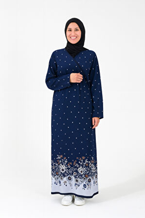 Noktalı Çiçek Desen Kruvaze Namaz Elbisesi – %100 Viskon, Yandan Bağlamalı, Rahat Kalıp 36-46 Beden