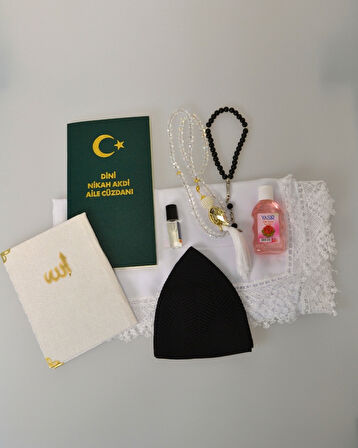 Dini Nikah Seti – Kurdeleli Özel Kutu | Dini Nikah Defteri, Kadife Yasin, Gelin Başörtüsü, Kristal Tesbih, Gül Suyu, Takke, Esans