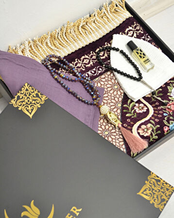 Çeyizlik Hediyelik Seccade Set – Astarlı Kadife Seccade, Eşarp, Kristal Tesbih, Erkek Tesbihi, Takke ve Esanslı Özel Kutulu Lüks Hediye