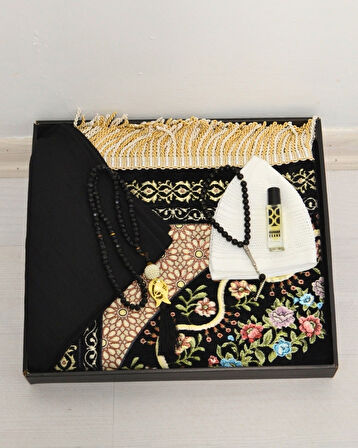 Çeyizlik Hediyelik Seccade Set – Astarlı Kadife Seccade, Eşarp, Kristal Tesbih, Erkek Tesbihi, Takke ve Esanslı Özel Kutulu Lüks Hediye