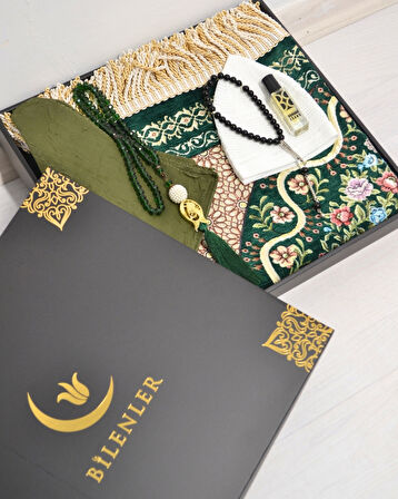 Çeyizlik Hediyelik Seccade Set – Astarlı Kadife Seccade, Eşarp, Kristal Tesbih, Erkek Tesbihi, Takke ve Esanslı Özel Kutulu Lüks Hediye