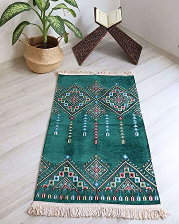 Çeyizlik Hediyelik Seccade Eşarp Tesbih Set – Kilim Desenli Kadife Astarlı Seccade, Eşarp, Kristal Tesbih Özel Kutulu Lüks Hediye Seti