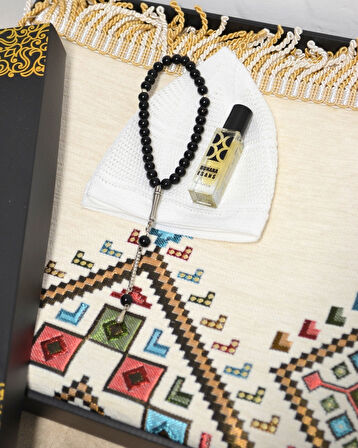 Erkekler İçin Seccade Takke Tesbih Esans Hediyelik Seti – Kilim Desenli Kadife Astarlı Seccade ve Özel Kutulu Lüks Hac Umre Hediyesi