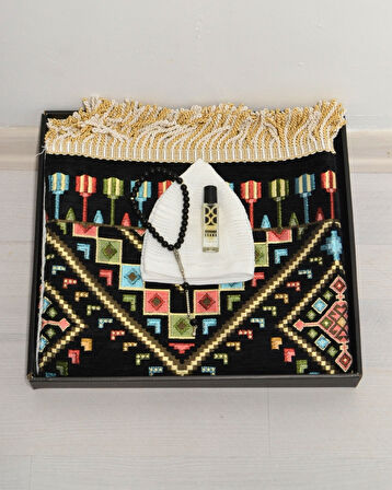 Erkekler İçin Seccade Takke Tesbih Esans Hediyelik Seti – Kilim Desenli Kadife Astarlı Seccade ve Özel Kutulu Lüks Hac Umre Hediyesi