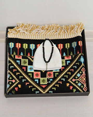 Erkekler için Seccade Takke Tesbih Hediyelik Seti –Kilim Desenli Kadife Astarlı Seccade, 33’lü Erkek Tesbihi, Takke ve Özel Kutu