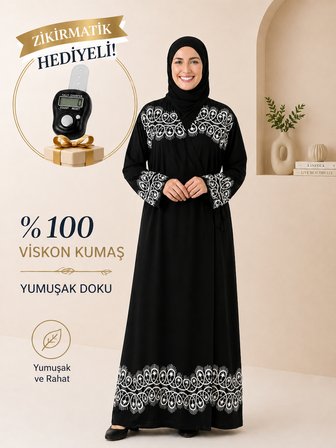Halka Desenli Siyah Namaz Elbisesi Viskon Kumaş Zikirmatik Hediyeli– Yandan Bağlamalı