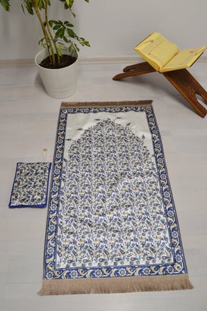 Çantalı Fermuarlı Seccade Lale Desenli Lacivert L012 (Hafif ve İnce Dokulu)
