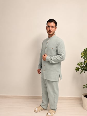 Erkek Müslin Takım Hac Umre Günlük Giyim Gömlek Pantolon İkili Takım
